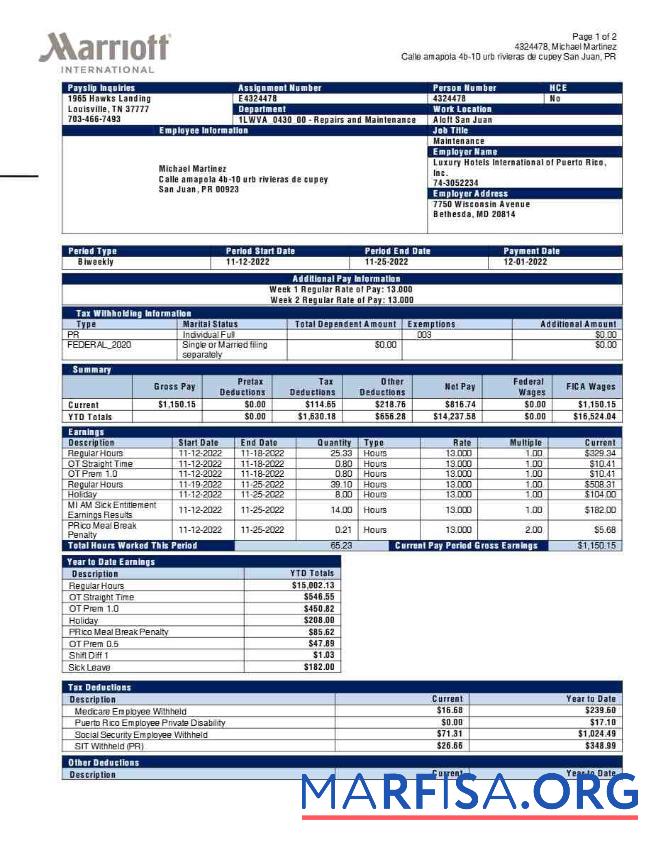 Downloadable Marriott International payslip download for verification